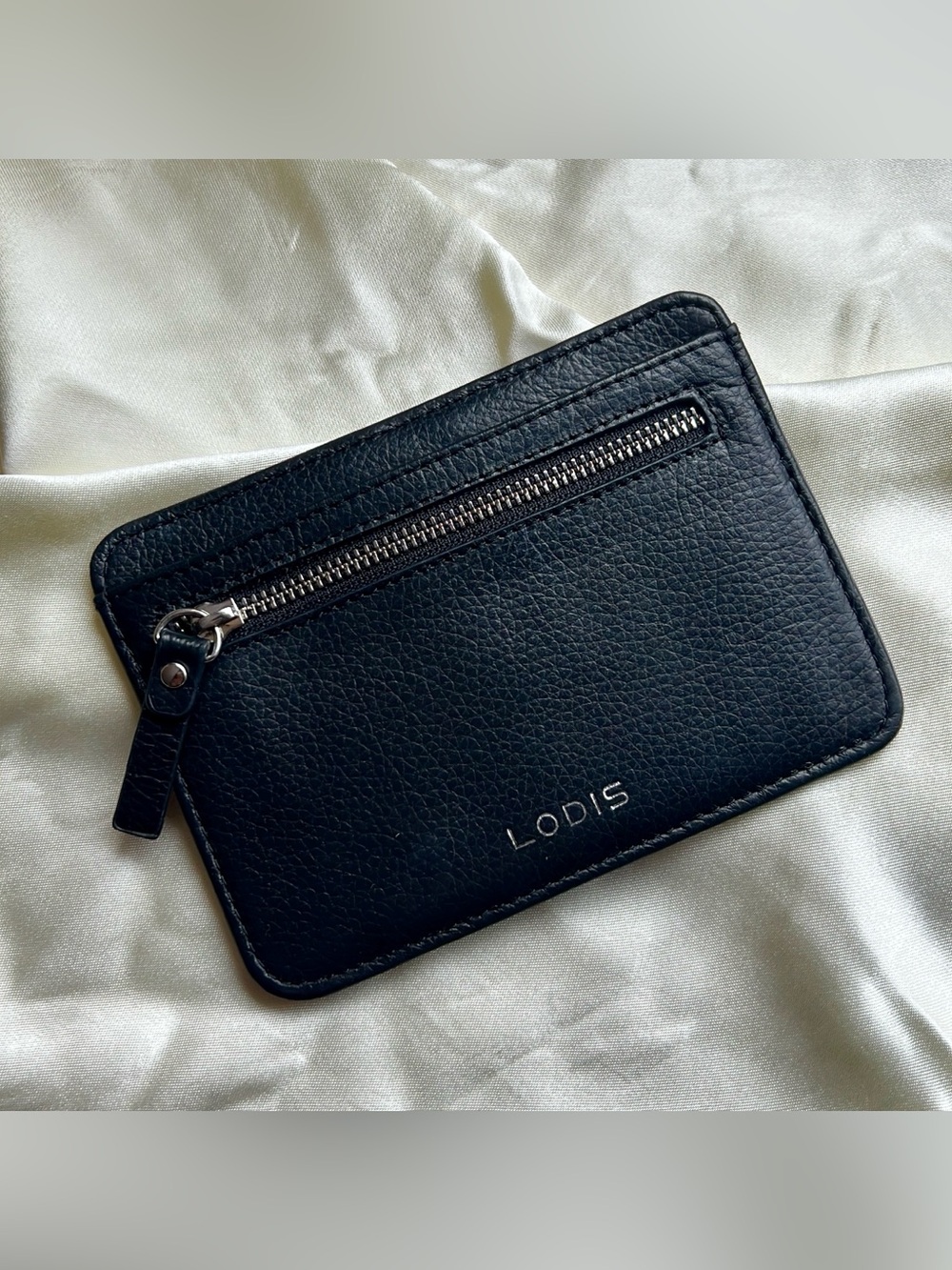 Lodis Black Pebble Leather Thin Minimalist Zipper Front Slim Card Holder Wallet